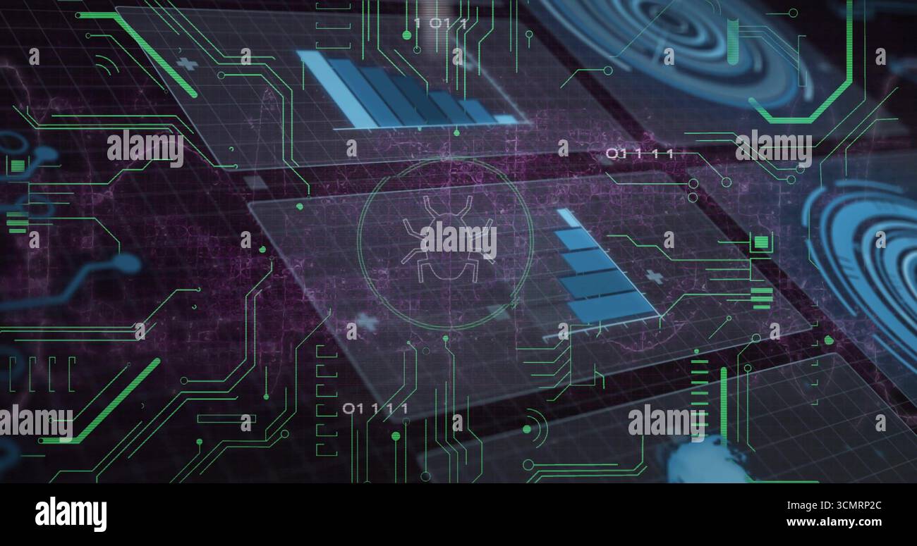 Displaying bug icon glowing on security dashboard panels linking circuits and binary digits Stock Photo
