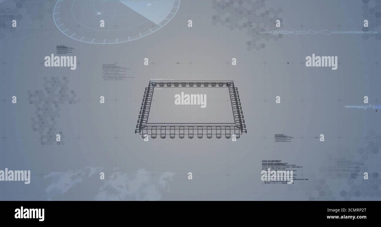 Displaying wireframe microchip frame in interface with pins, hexagon clusters and world map grid Stock Photo