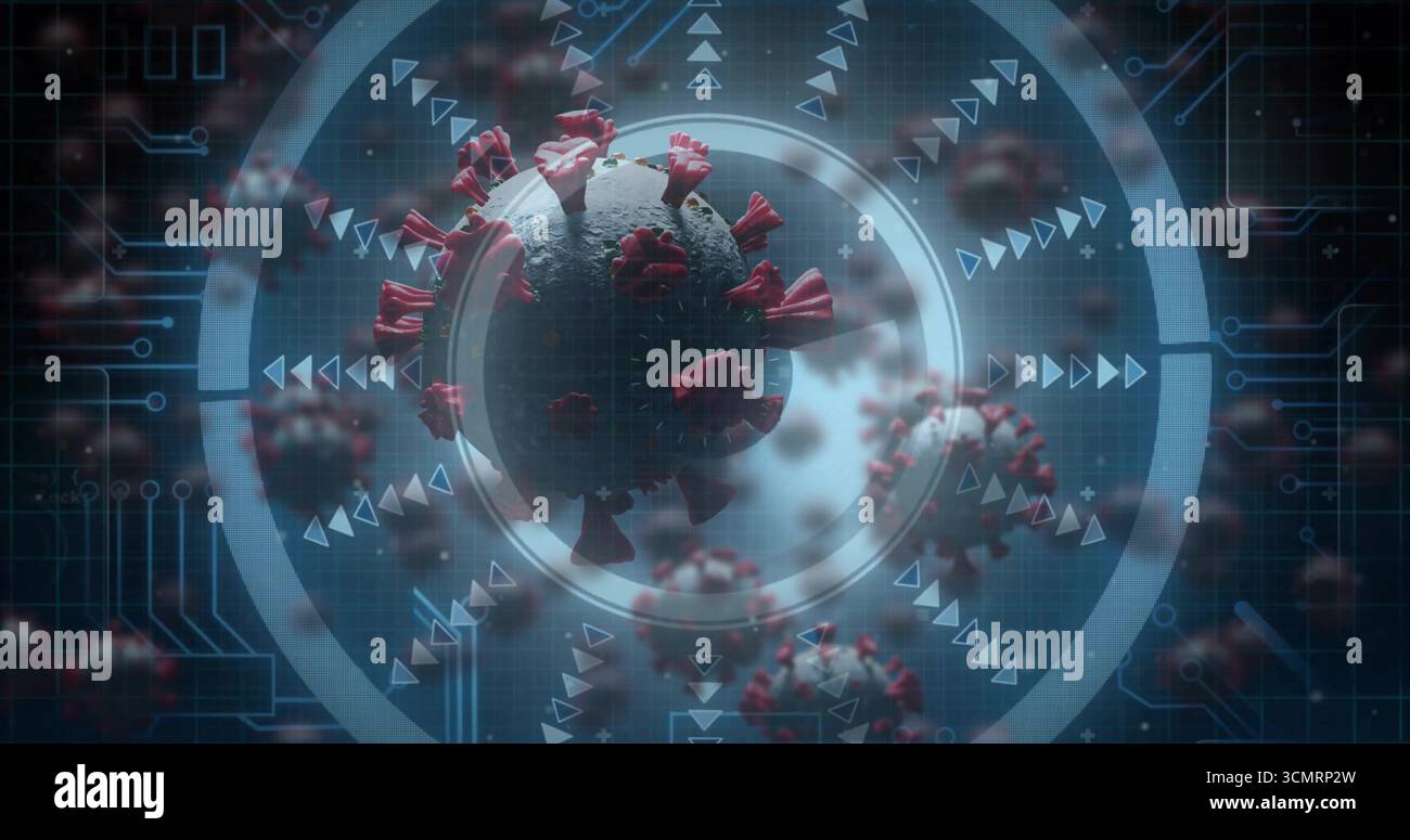 Displaying virus particle floating within lab interface, with red spikes, data rings and arrows Stock Photo