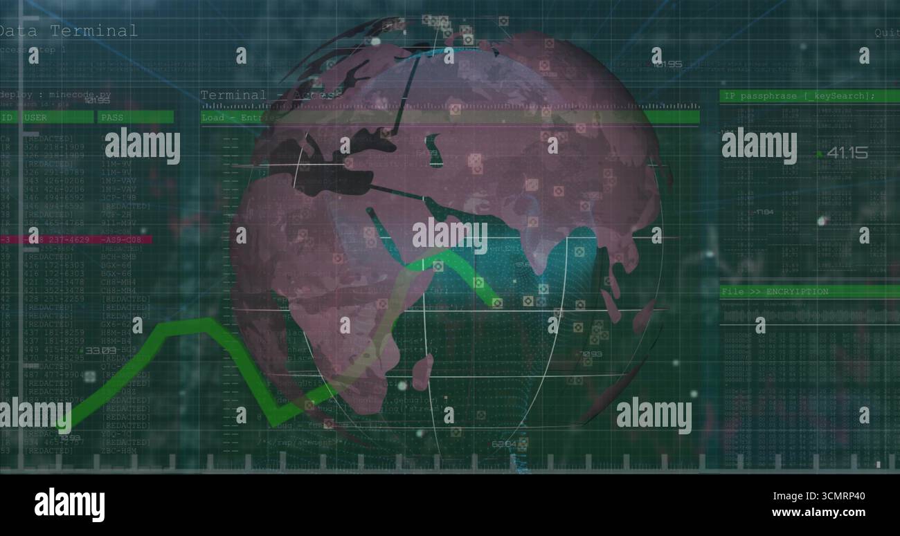 Displaying 3D data globe on dashboard with network lines over code grid and green graphs Stock Photo