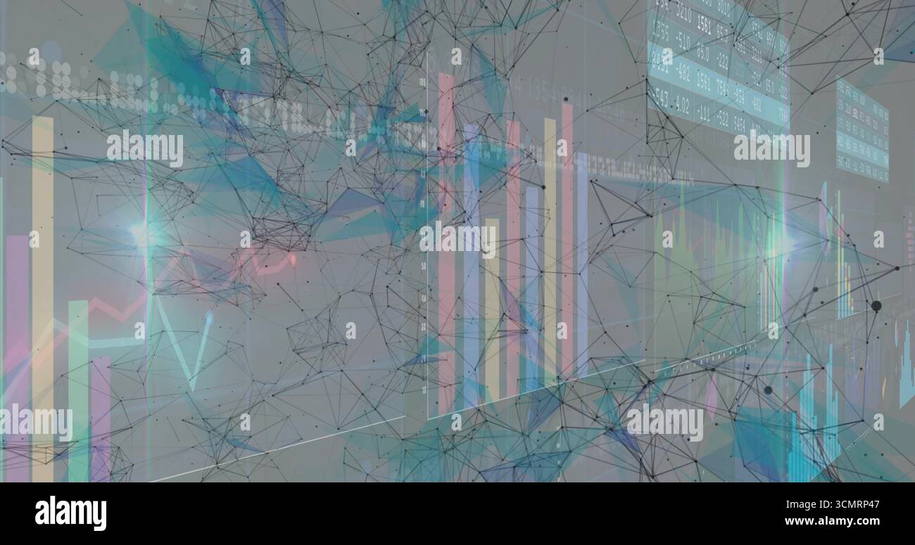 Displaying node network with translucent bars and line graphs in virtual space, with numeric panels Stock Photo