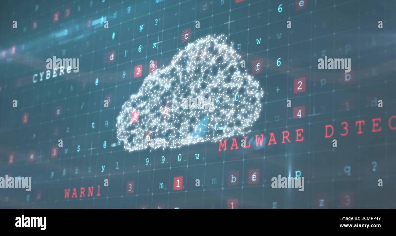 Glowing cloud icon pulsing in security dashboard, featuring code, red, blue squares, warning labels Stock Photo