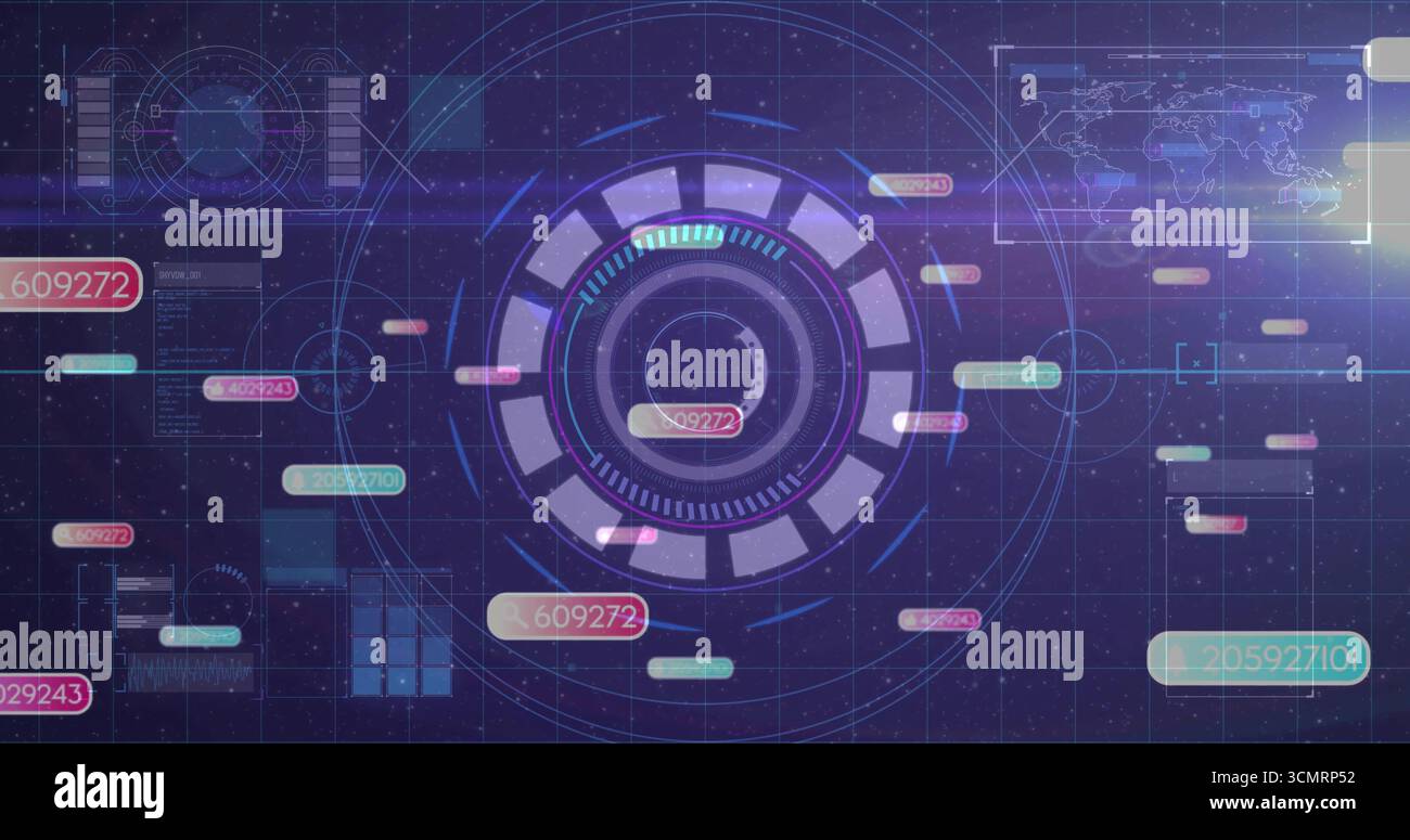 Displaying central HUD element over holographic grid, with floating numeric labels and map overlay Stock Photo