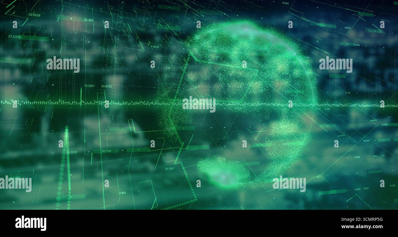 Rotating holographic globe amid wireframe grid interface, showing green points and numeric readouts Stock Photo