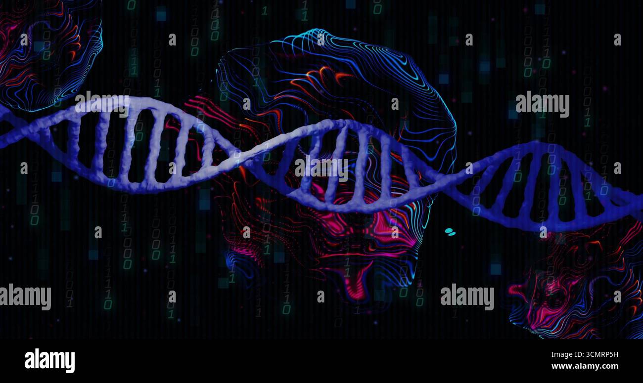 Floating blue DNA double helix spanning visual space, with binary code streams and neon contours Stock Photo