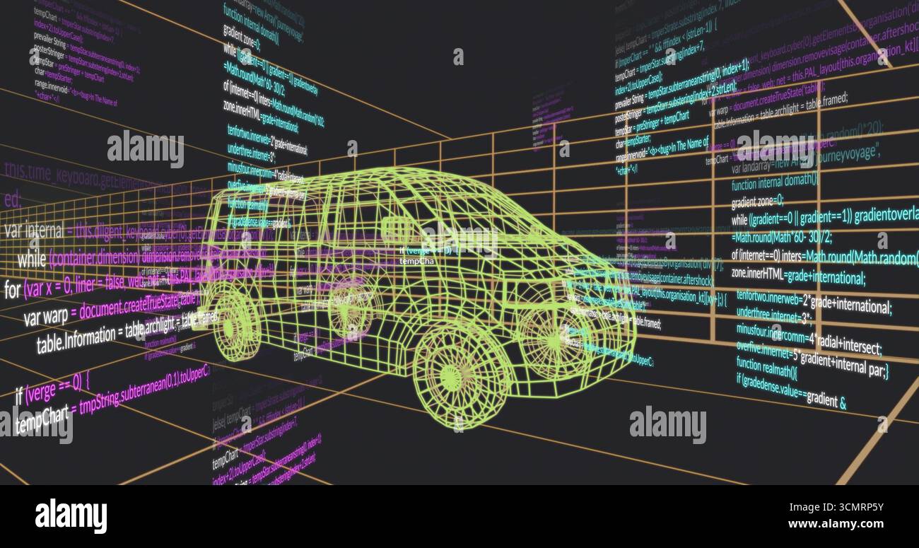 Displaying yellow wireframe SUV model sitting within 3D grid workspace, with floating code panels Stock Photo