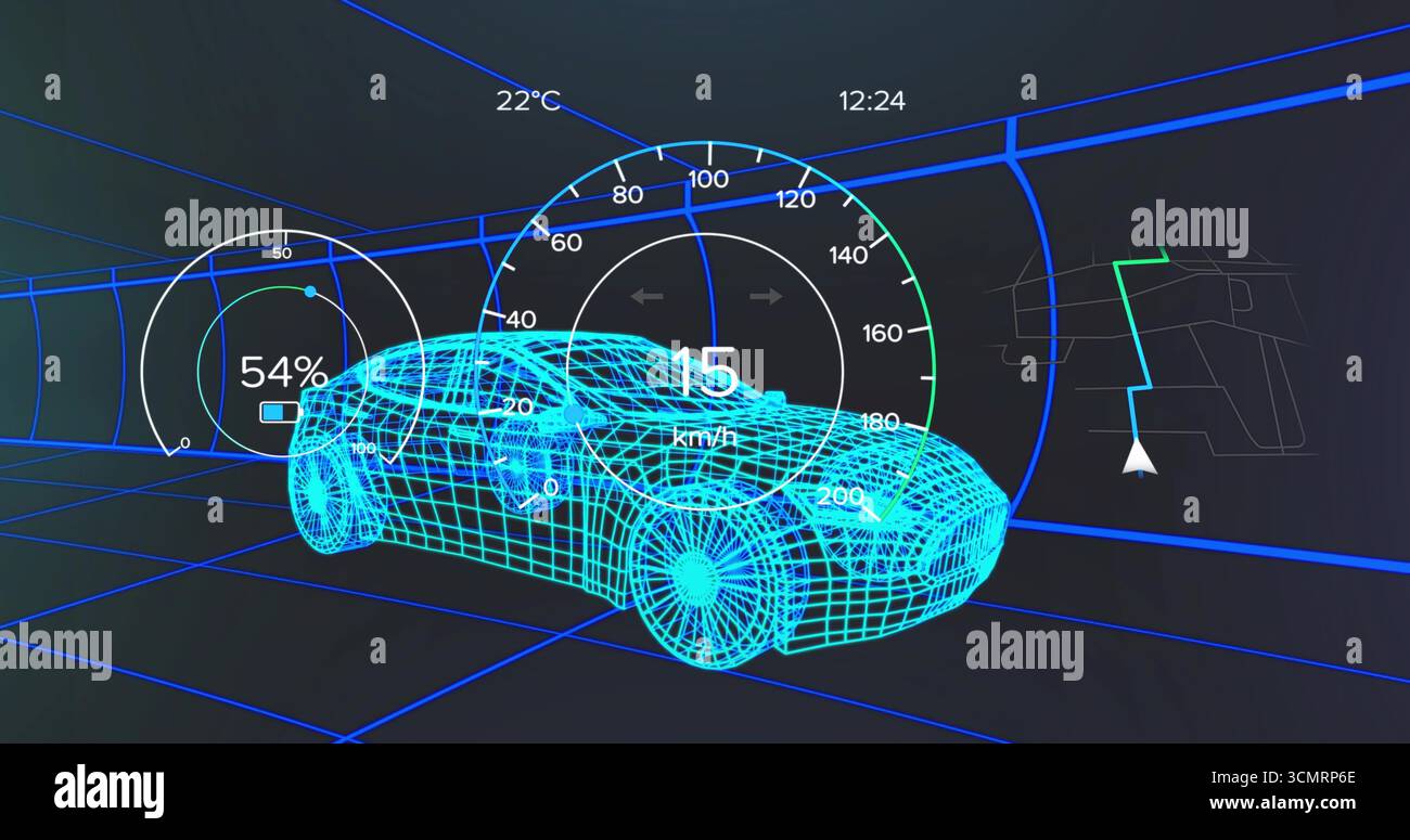 Displaying wireframe car model navigating 3D grid tunnel, with gauges, clock and navigation arrow Stock Photo