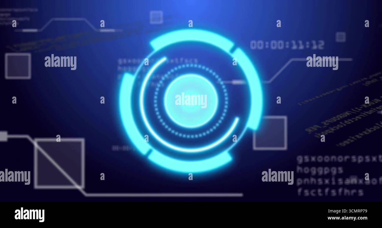 Showing blue HUD element on scifi interface, with arcs, data lines, code strings and timestamp Stock Photo