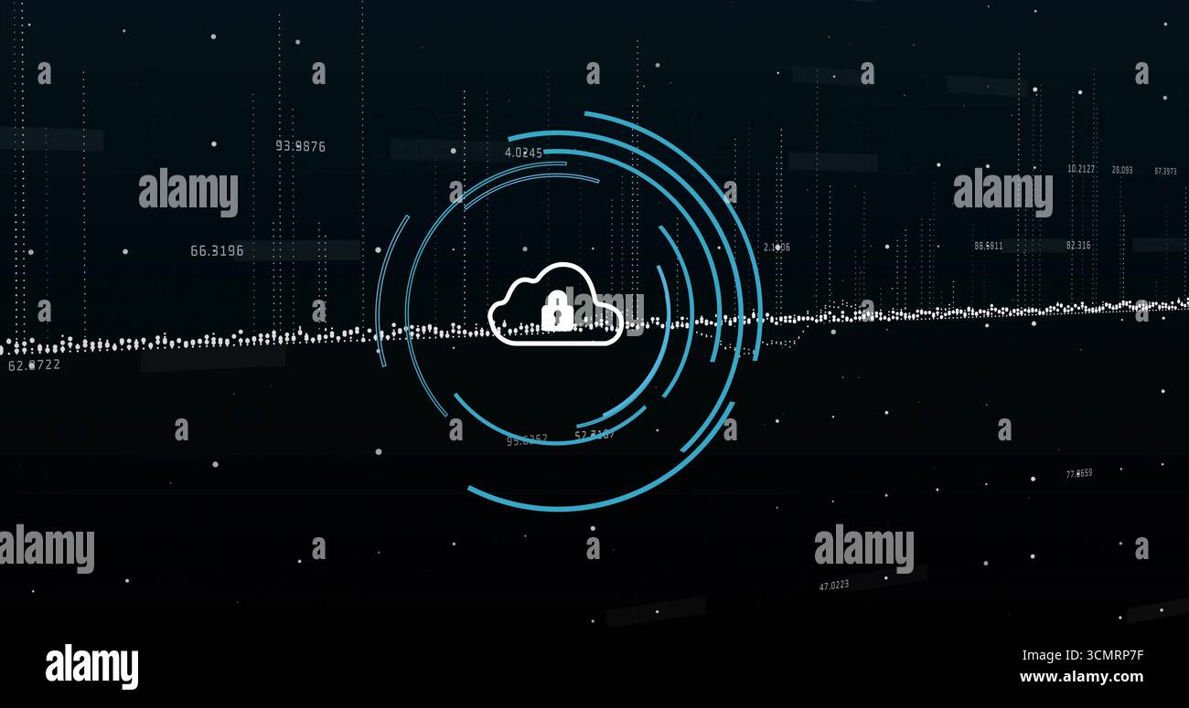 Displaying central cloud icon securing with padlock in interface with concentric rings and waveform Stock Photo