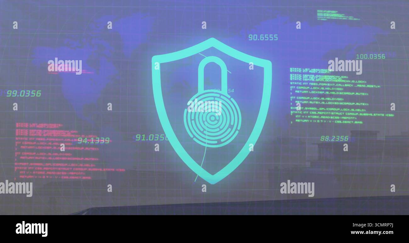 Displaying cyan shield with padlock and fingerprint on dashboard grid, numeric data and code blocks Stock Photo