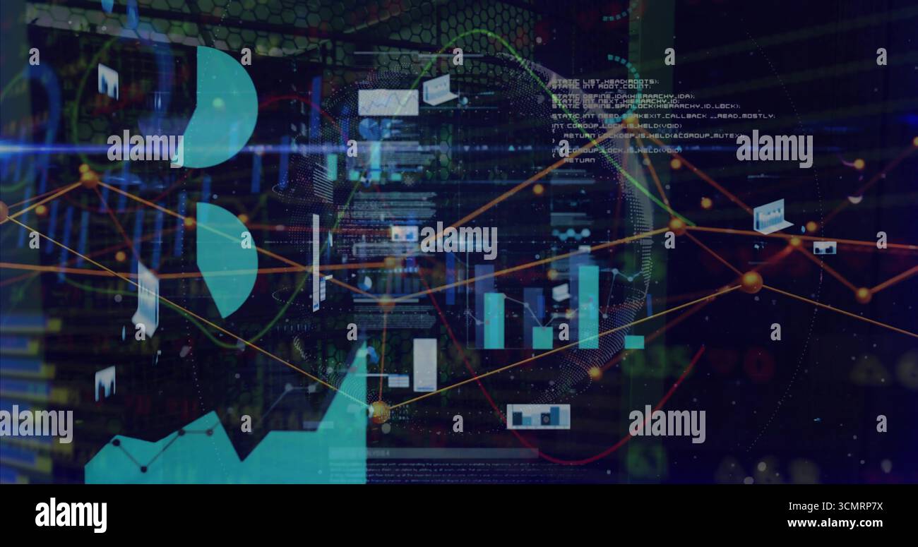 Displaying bar charts and graph nodes in virtual dashboard, featuring pie segments, wireframe globe Stock Photo