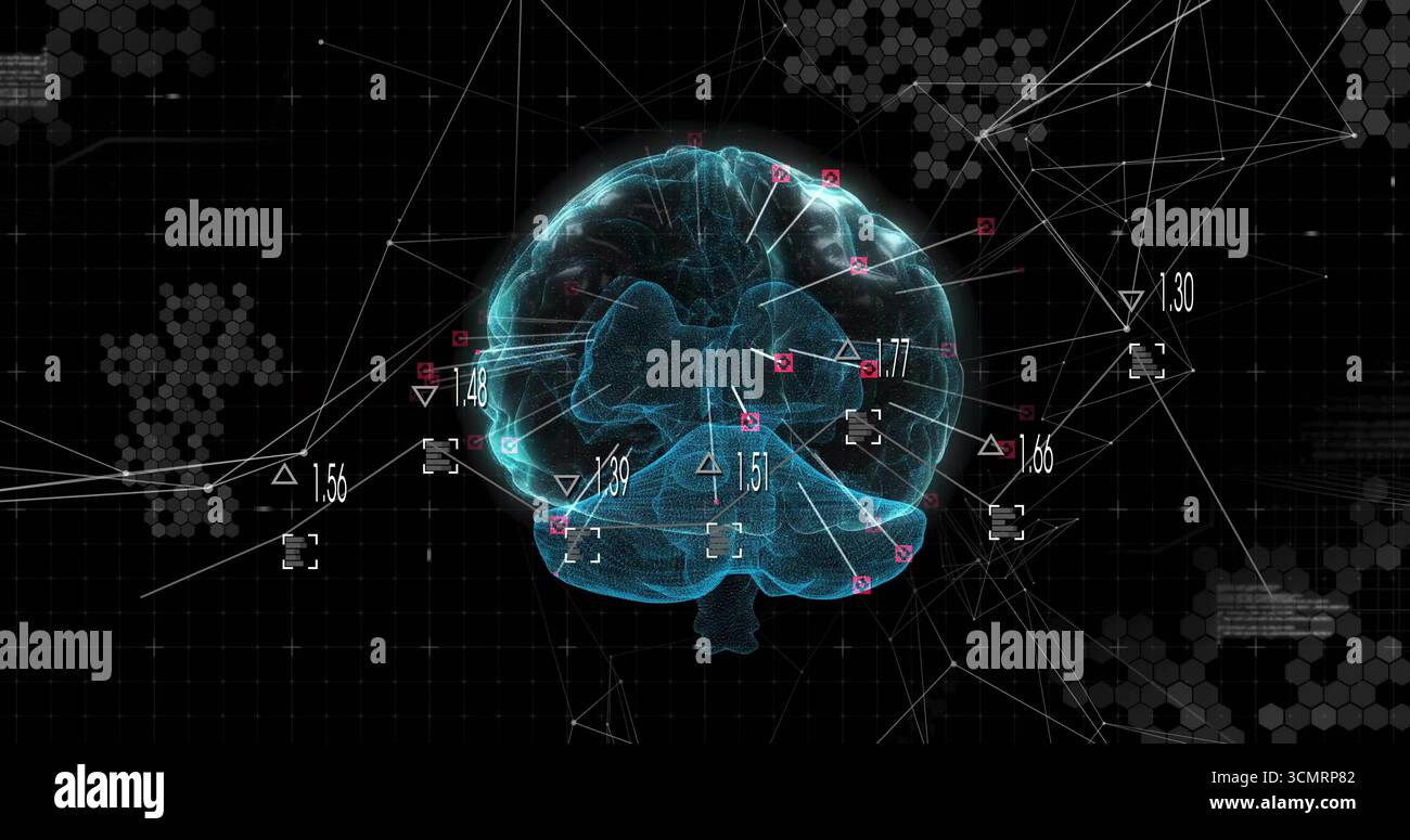 Hovering wireframe brain on grid with numeric labels, triangular square markers, lines and hexagons Stock Photo