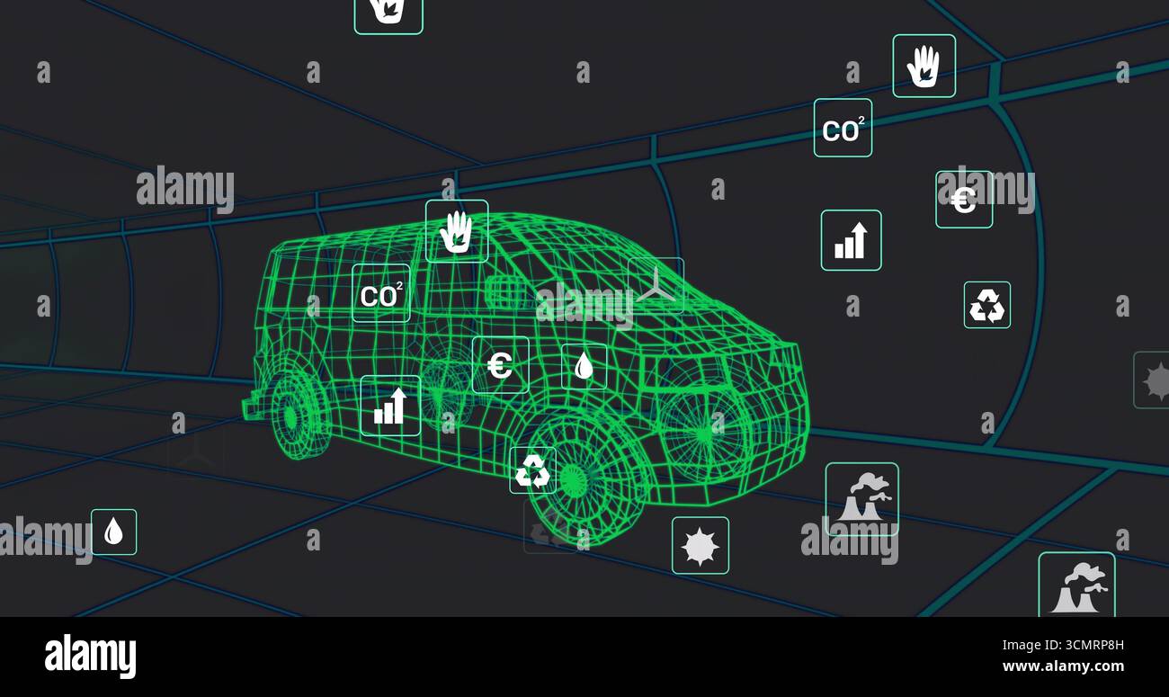 Rotating wireframe van model inside digital tunnel, with floating ...