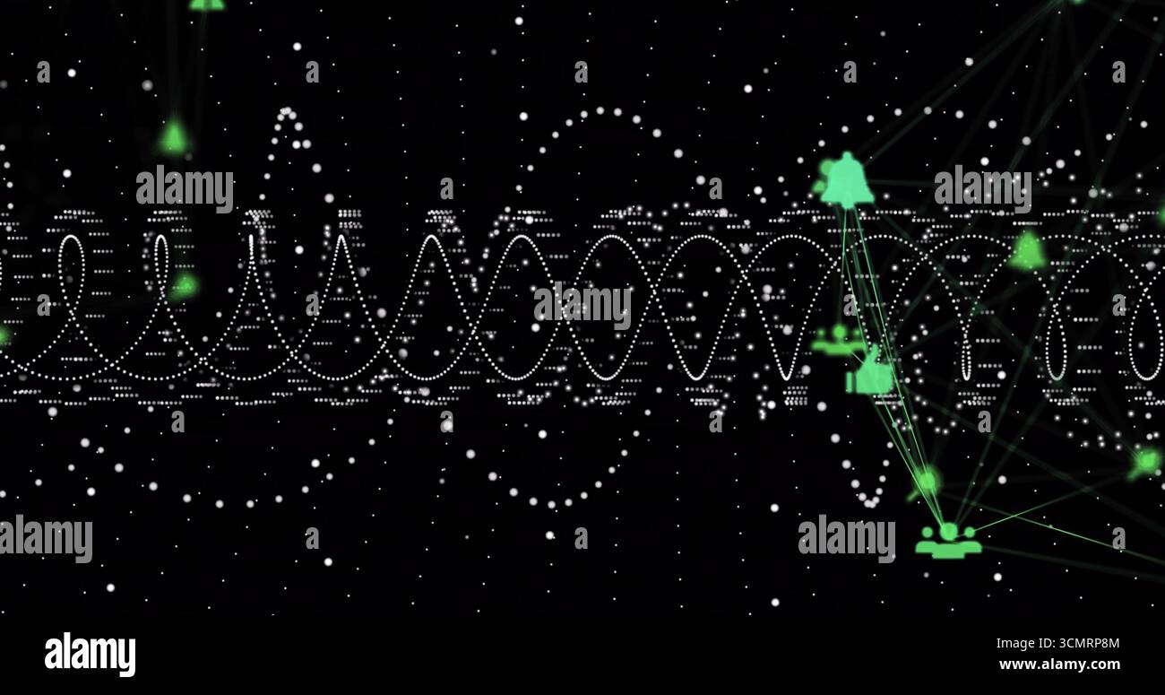 Displaying data network flowing on black backdrop with white dotted waveform and green user network Stock Photo