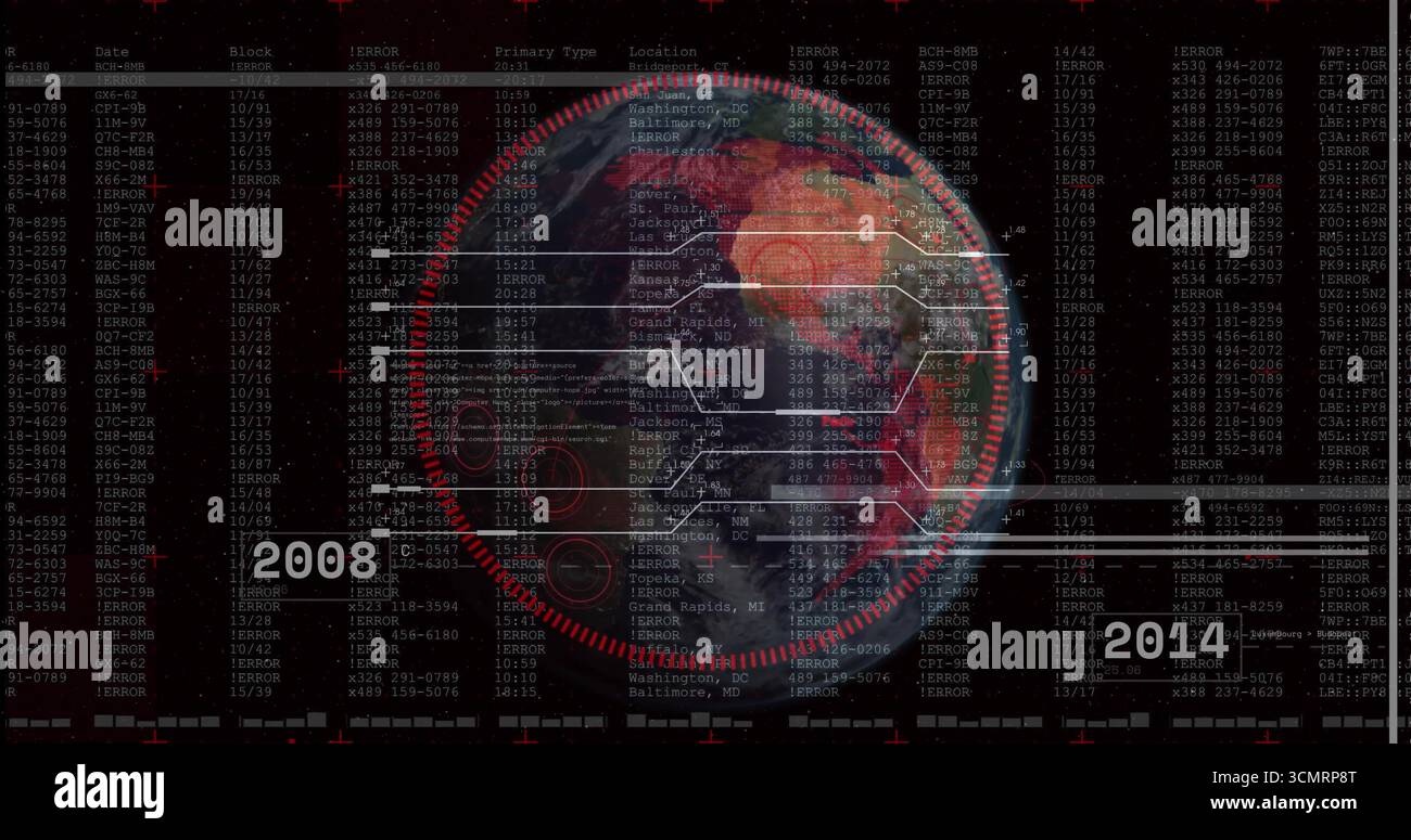 Displaying digital globe linking alphanumeric data columns with red overlay on tech interface Stock Photo