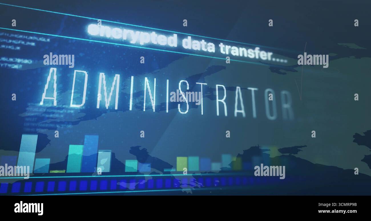 Displaying ADMINISTRATOR text hovering over world map in console with encrypted transfer Stock Photo