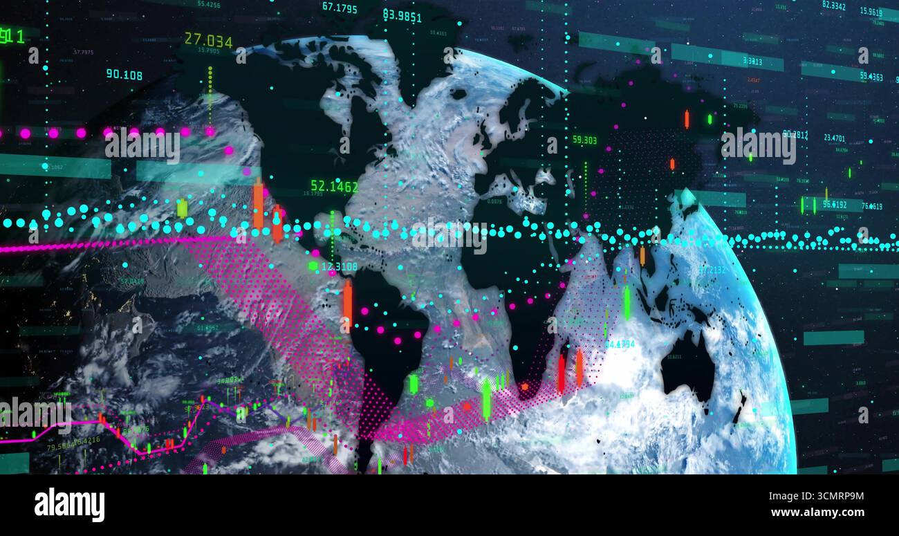 Presenting Earth globe with data overlays in space, with candlesticks, line graphs, floating points Stock Photo