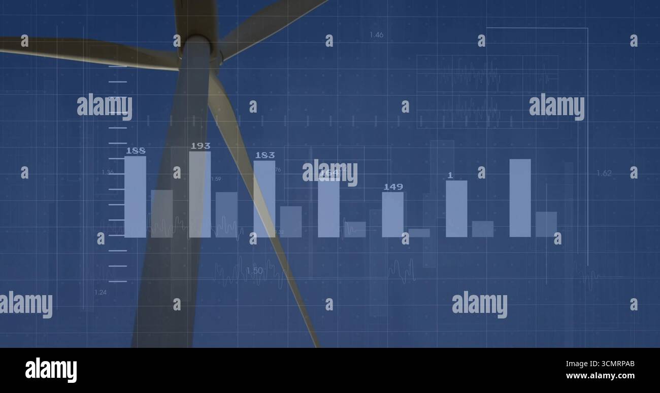 Displaying wind turbine tower and blade over deep-blue grid interface, with vertical bar chart Stock Photo