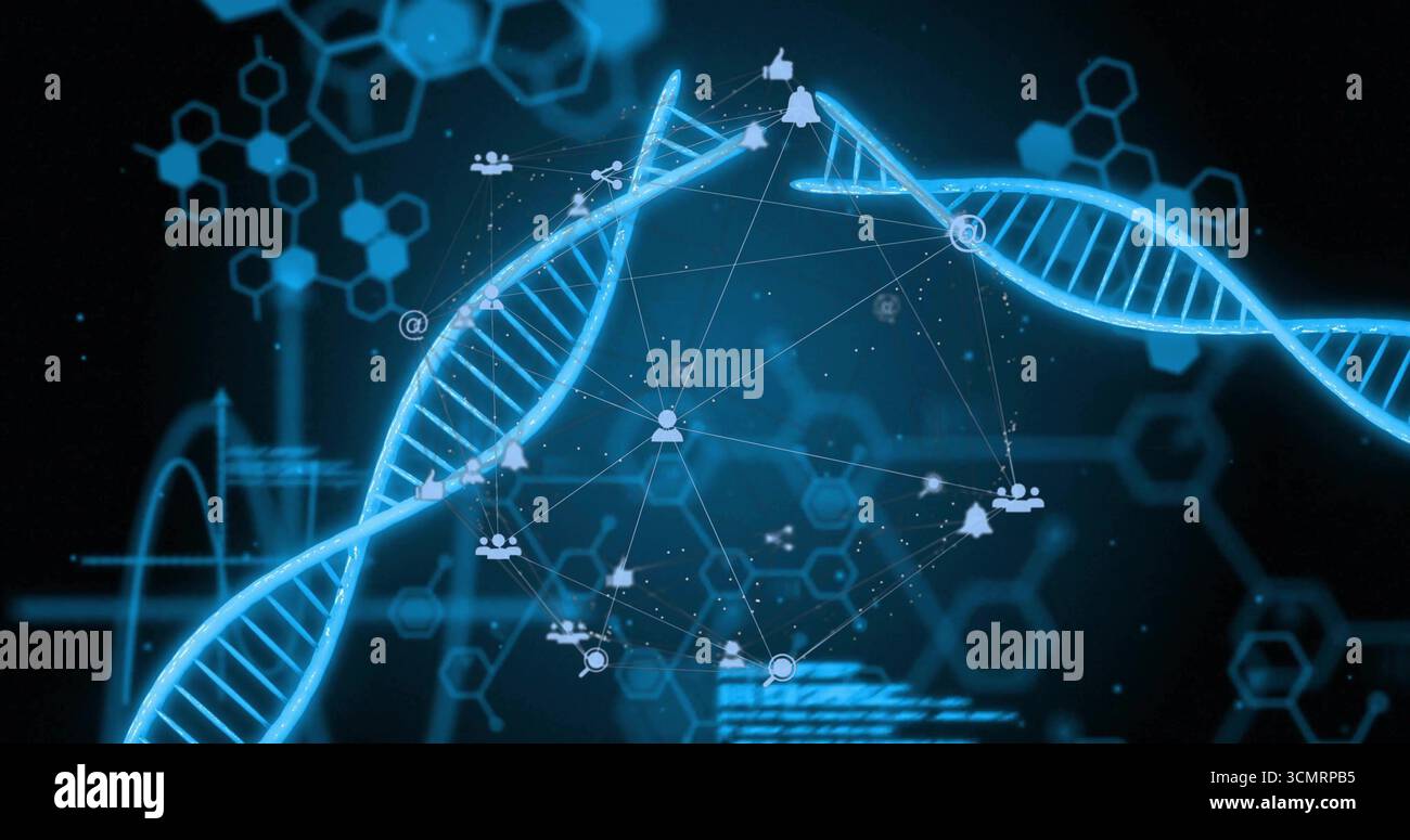 Weaving glowing blue DNA helix traversing digital interface, with ...