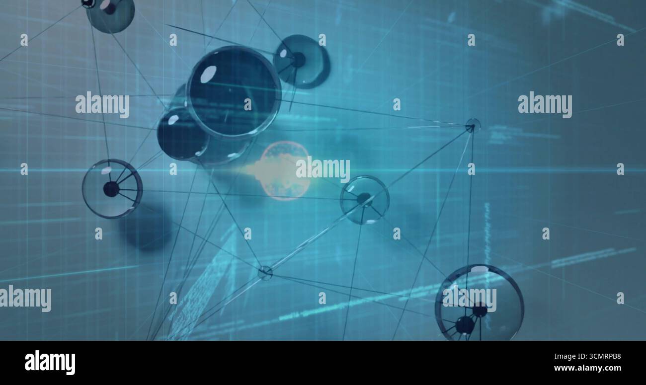 Floating translucent nodes forming network web in virtual digital grid, streaming data code Stock Photo