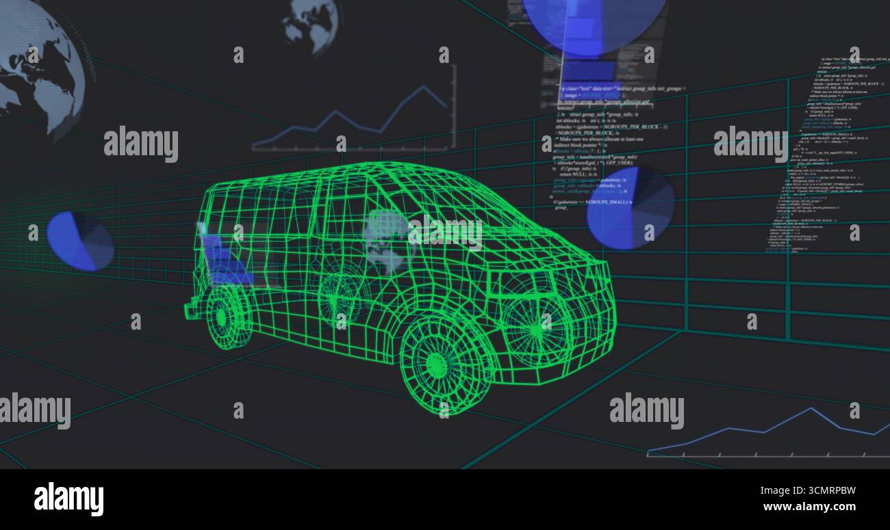 Displaying neon-green wireframe van model in 3D grid, with floating pie charts and code snippets Stock Photo