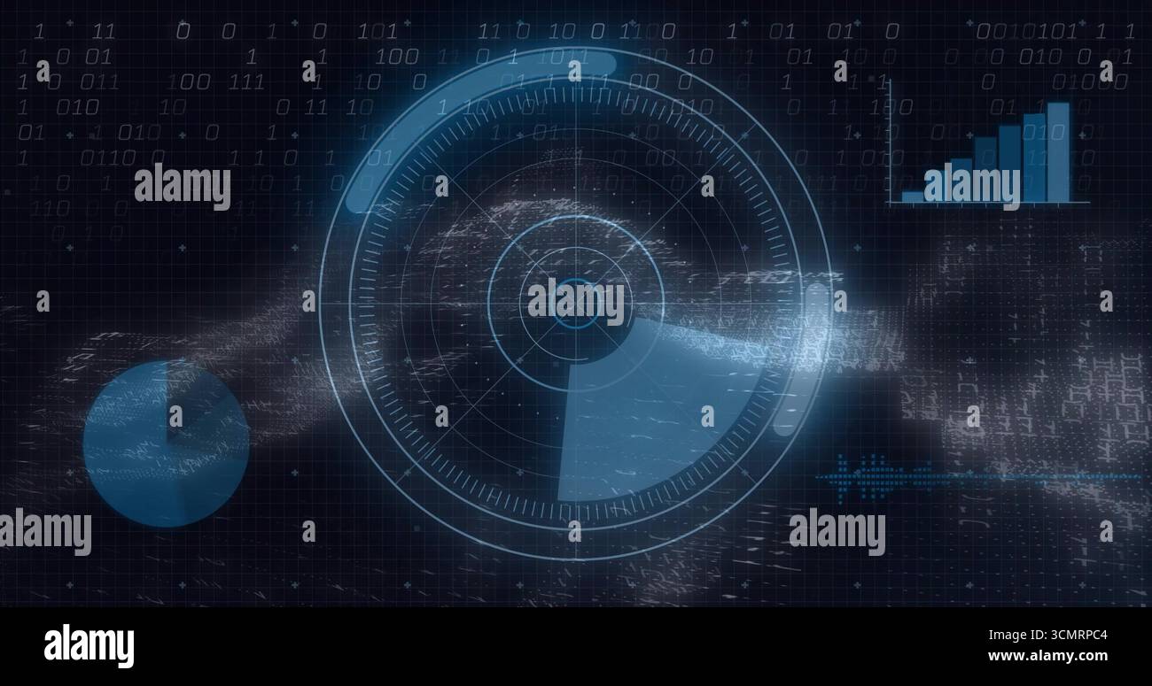 Displaying radar HUD interface on dark grid, streaming particles, binary code, pie chart, bar chart Stock Photo