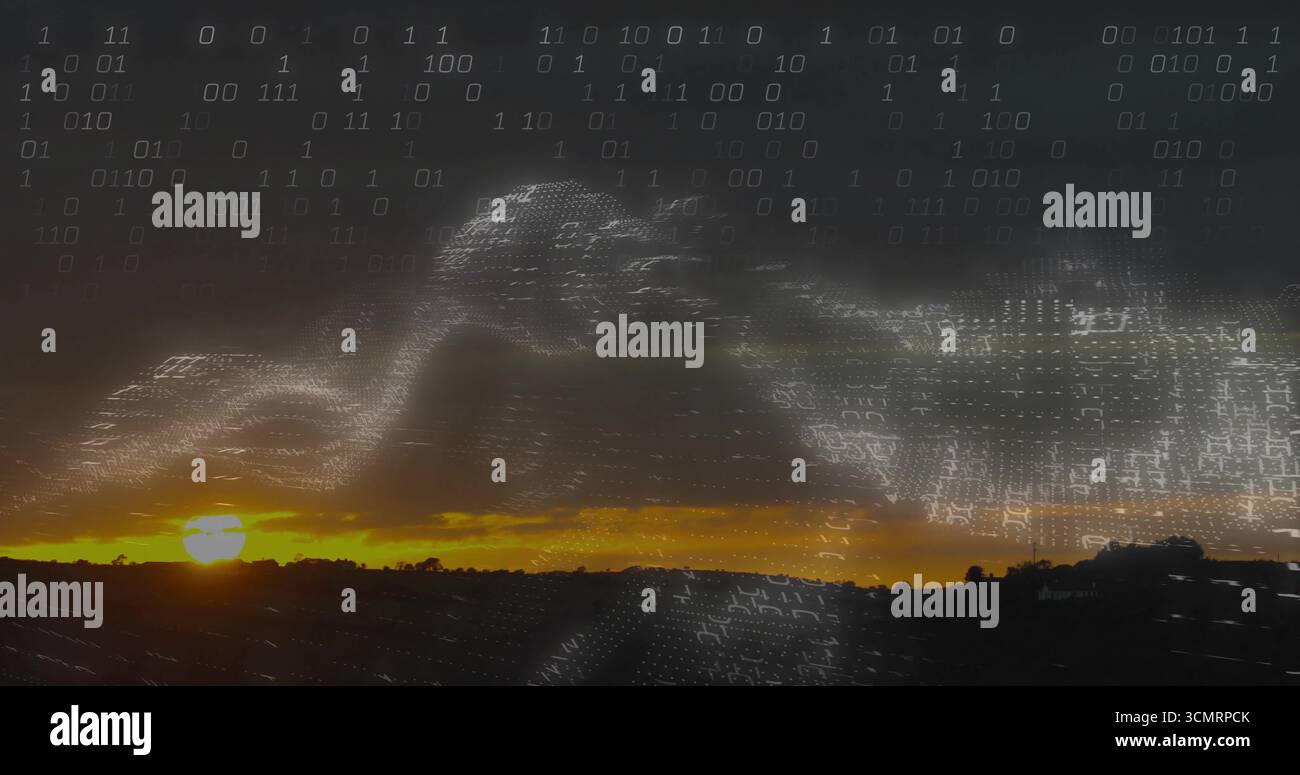 Streaming binary code wave forming data overlay across rural dusk sky, with sun glow over hills Stock Photo