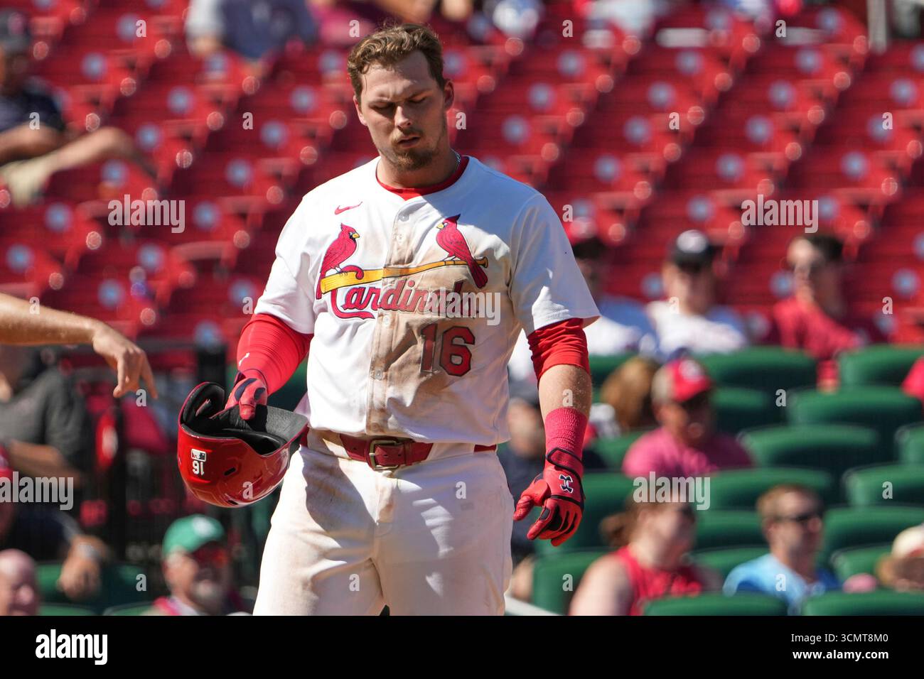 St. Louis Cardinals' Nolan Gorman removes his helmet after striking out ...