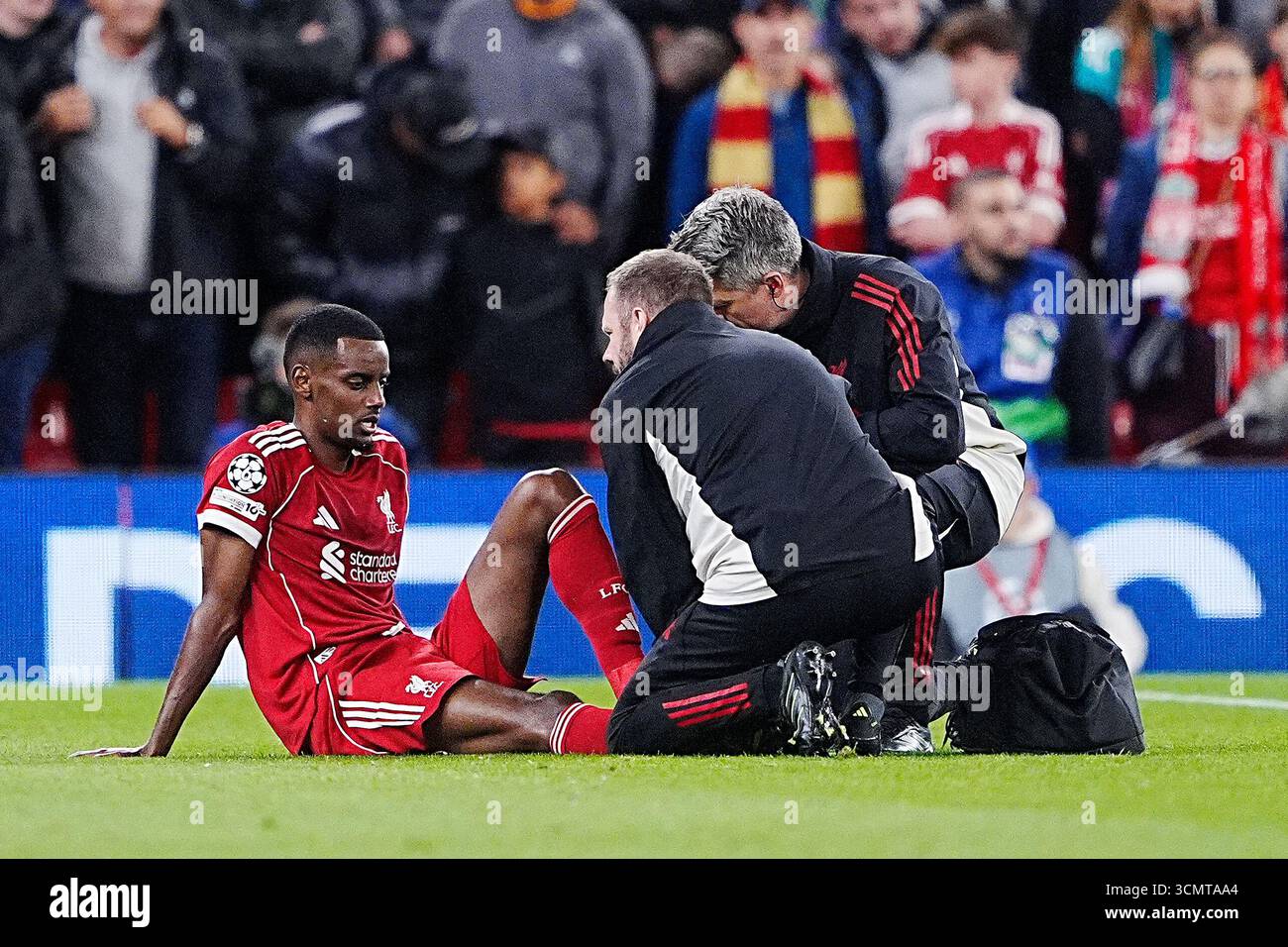 Liverpool's Alexander Isak is treated by medical staff after going down ...