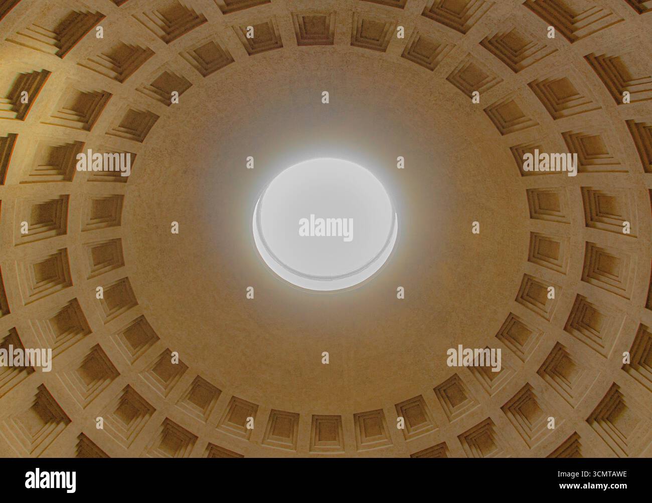 Spectacular upward view of Pantheon dome interior showing coffered ceiling with central oculus opening to sky in ancient Roman architecture Stock Photo