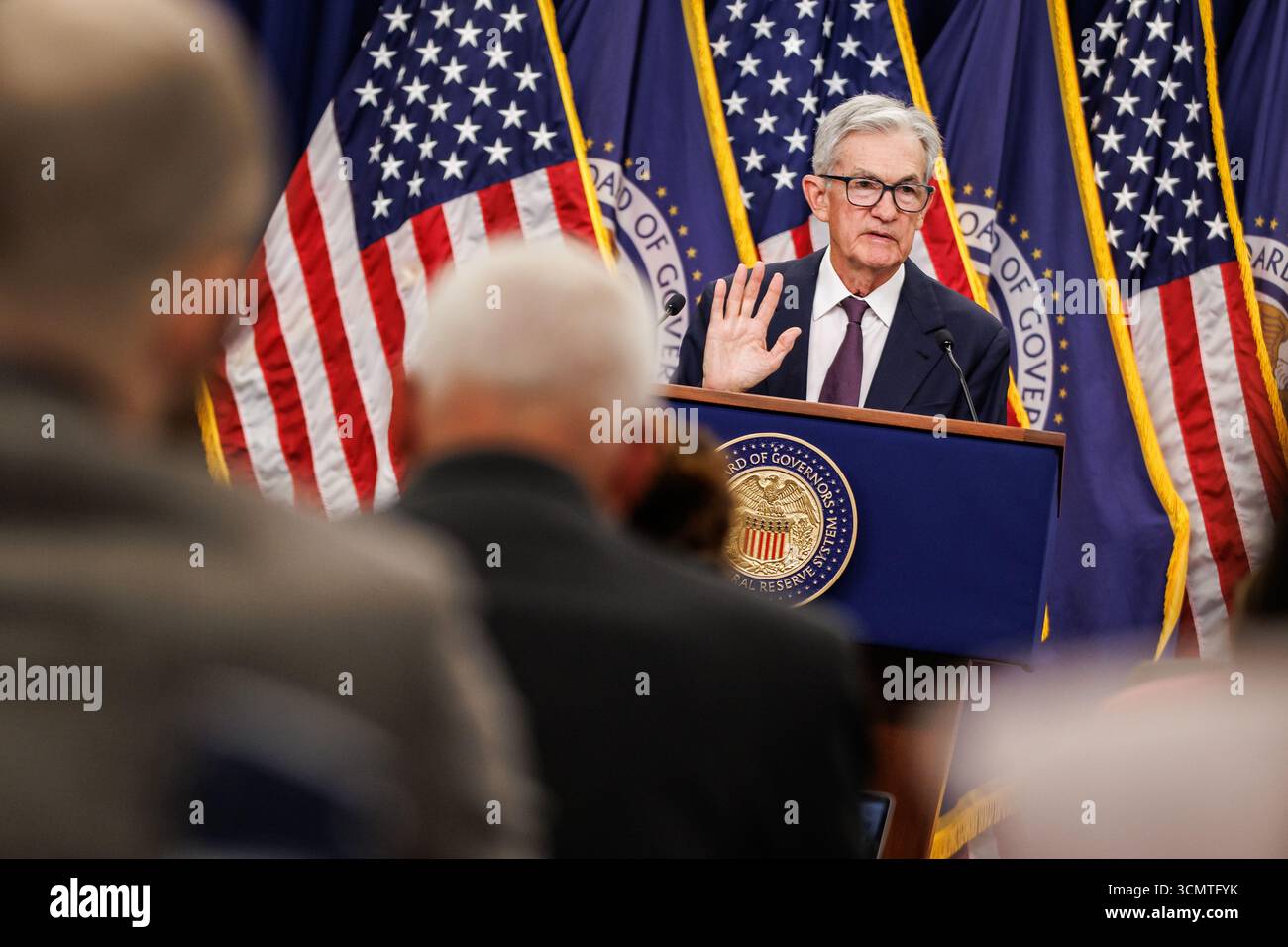 Washington, United States. 17th Sep, 2025. Federal Reserve Chairman Jerome  Powell speaks during a press conference following the Federal Open Market  Committee (FOMC) meeting on September 17, 2025 in Washington, DC. The