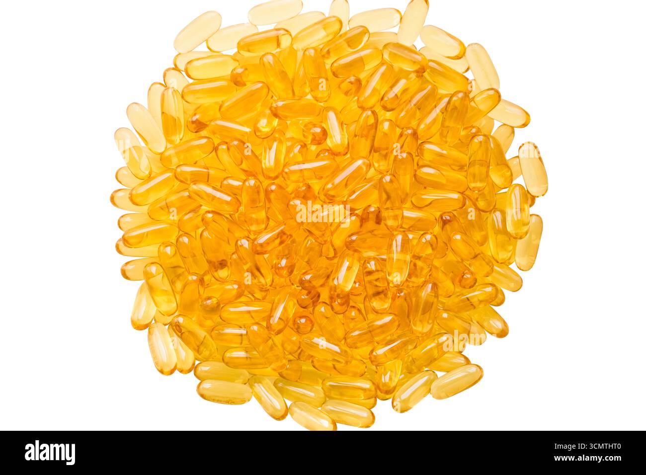 Oil filled capsules (softgel) of food supplements: fish oil, omega 3, omega 6, omega 9, vitamin A, vitamin D3, vitamin E, evening primrose oil, borage Stock Photo
