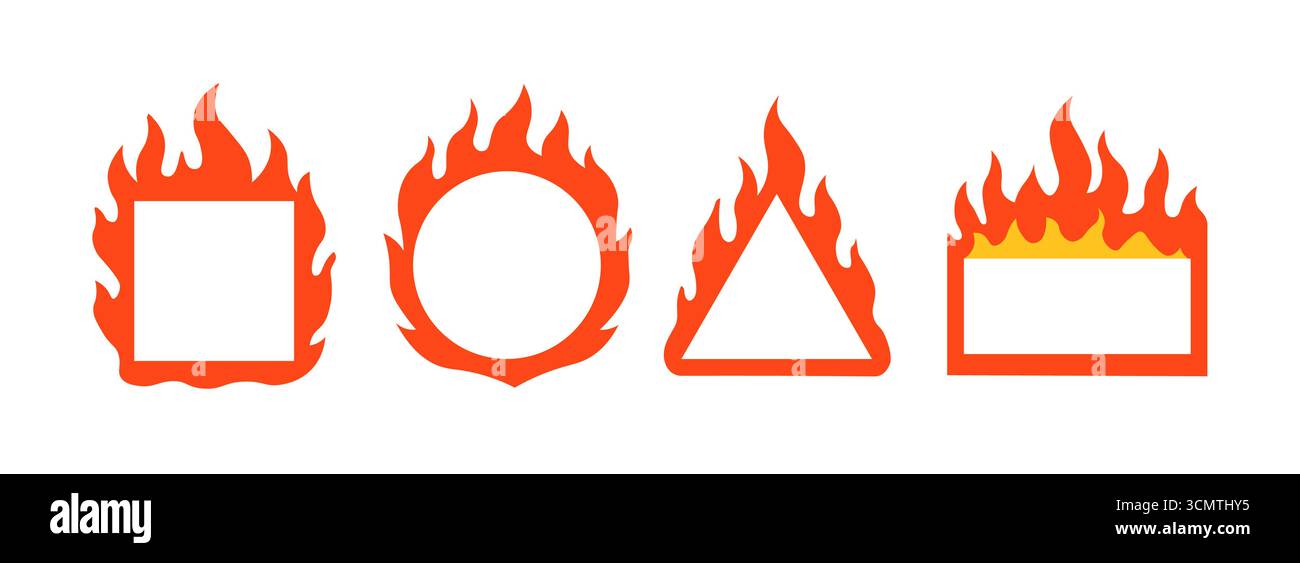 Fire flame, fireball campfire heat isolated icons set. Burning flame warning abstract design orange red background Stock Vector