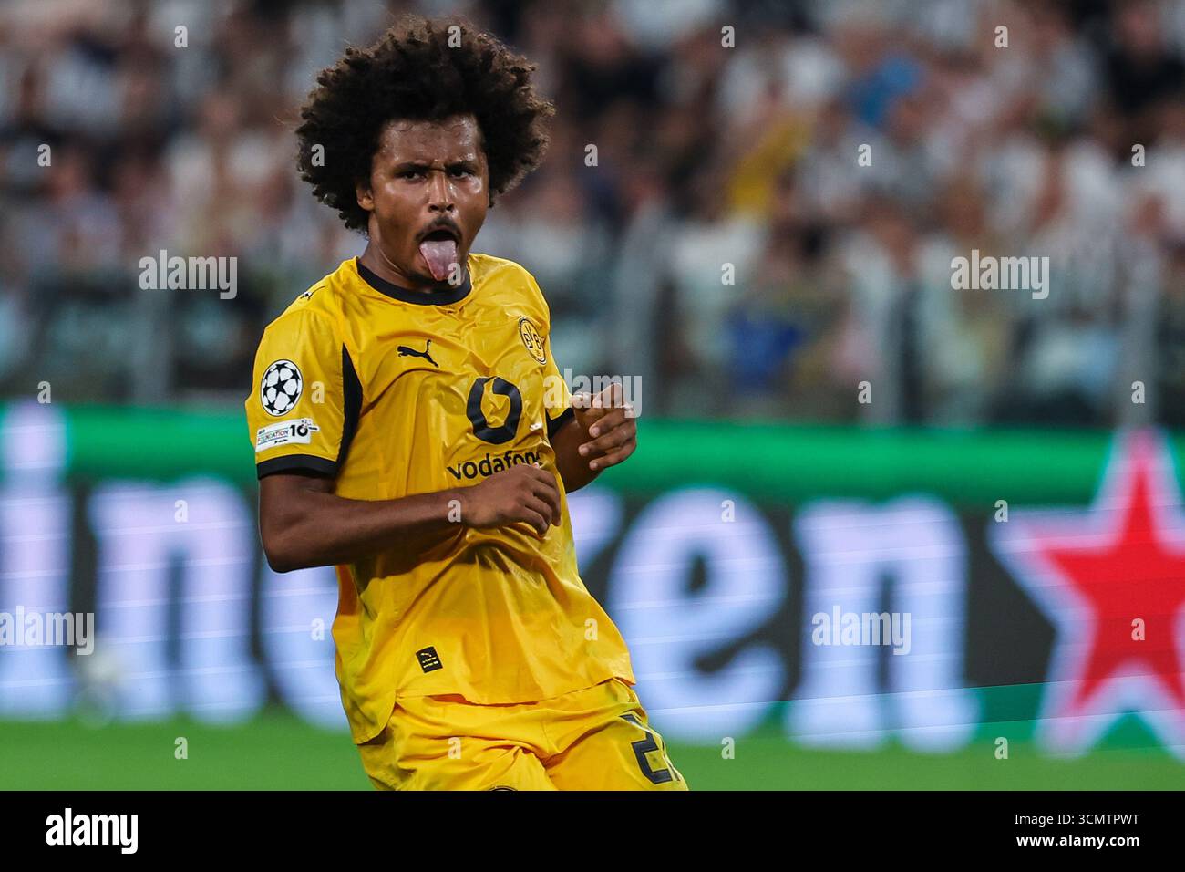 Adeyemi Running Karim Adeyemi of Borussia Dortmund reacts during UEFA Champions League ...