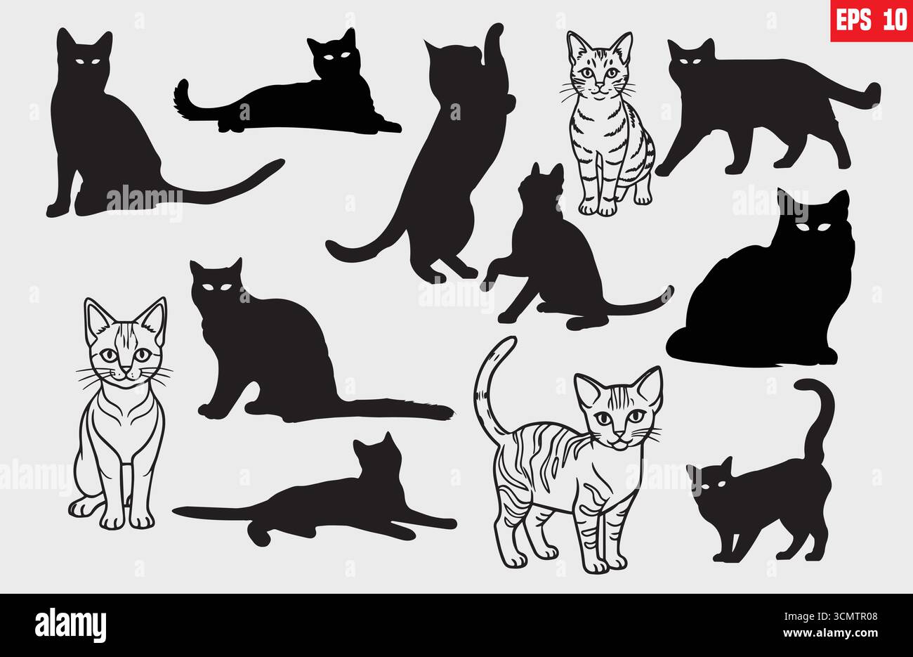 Set of cats silhouette in different poses. Hand drawn black cats ...