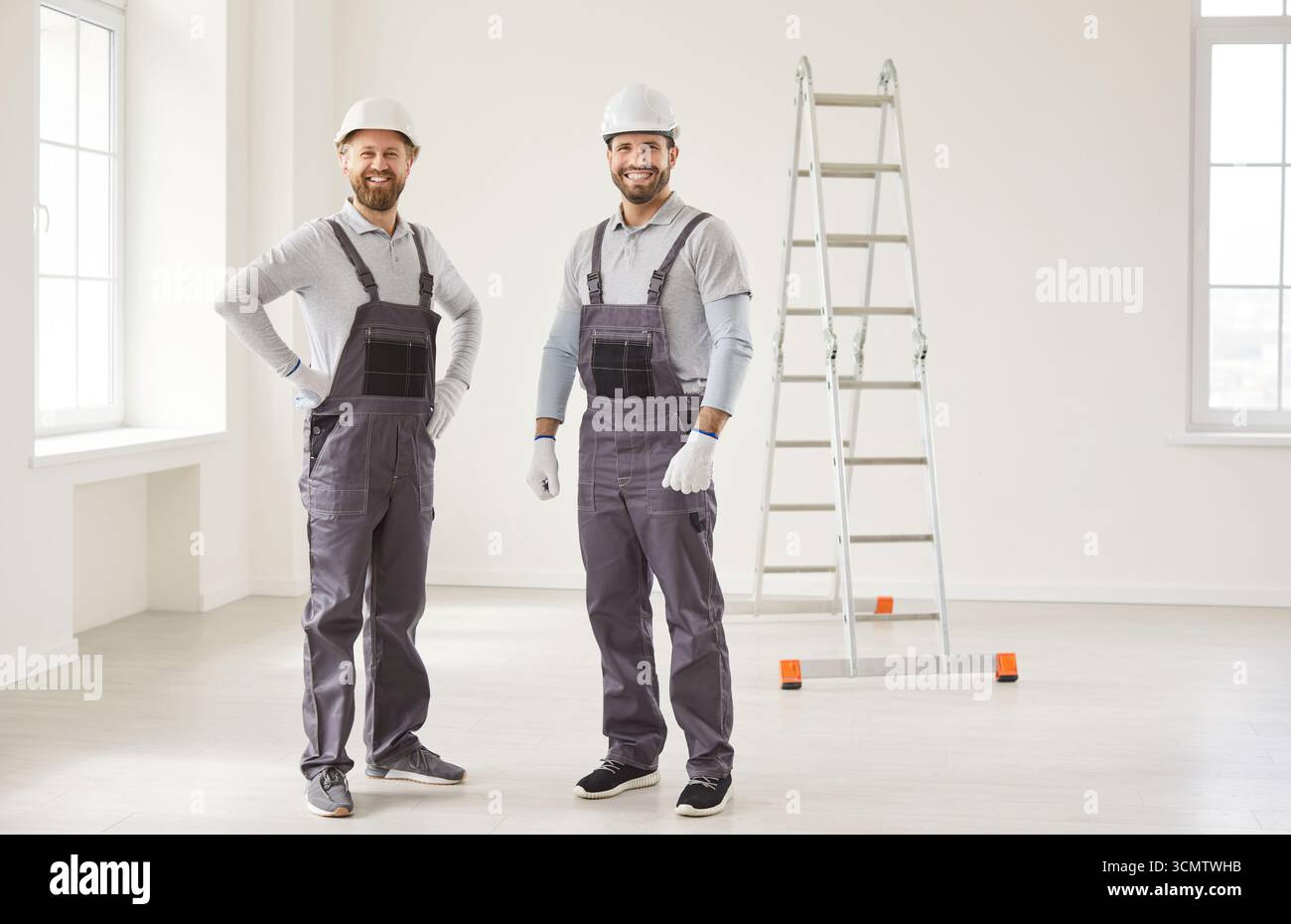 Repair team, restoring workers on construction project, building architectural plan, real estate Stock Photo