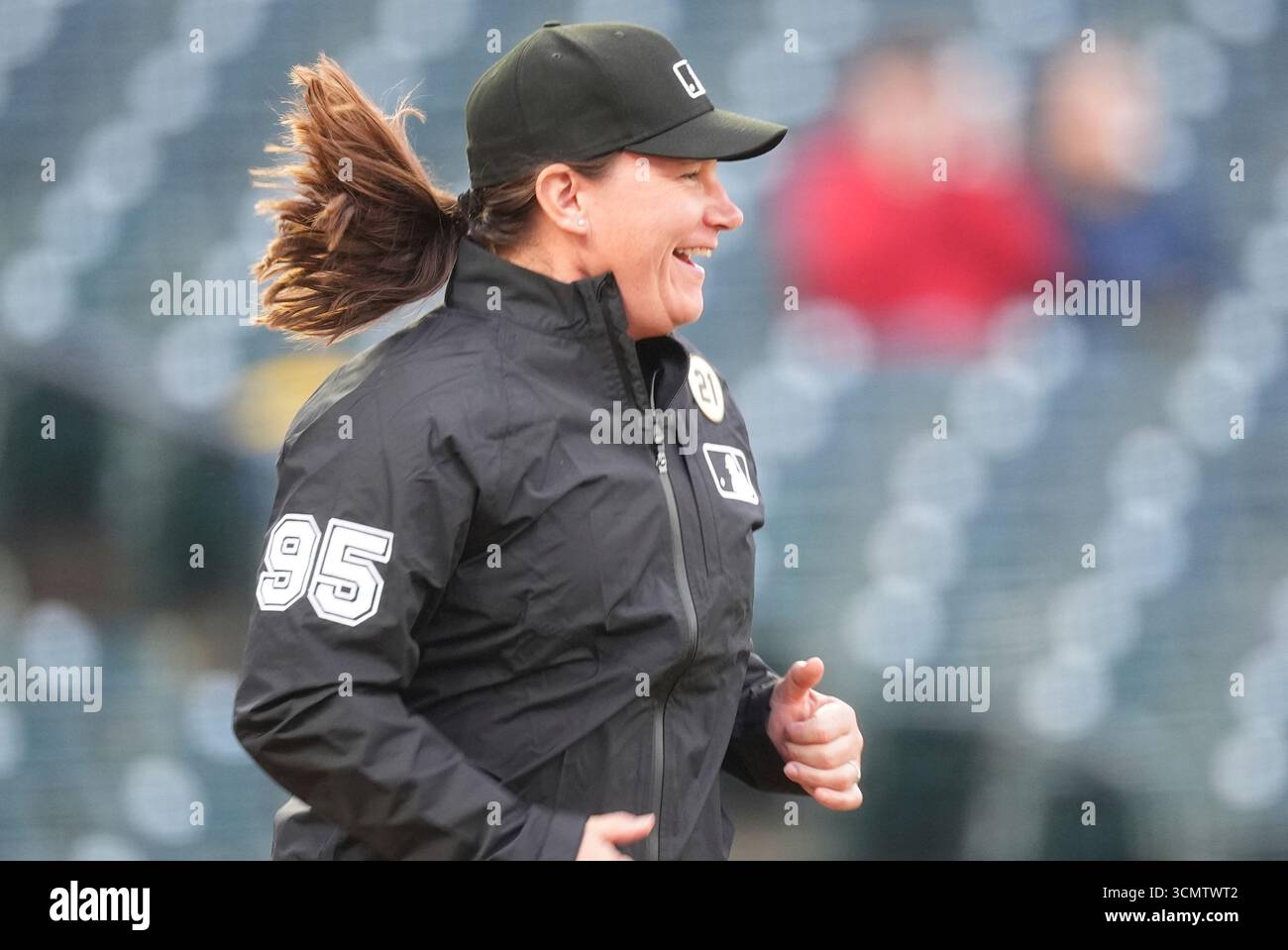 First base umpire Jen Pawol in the first inning of a baseball game ...