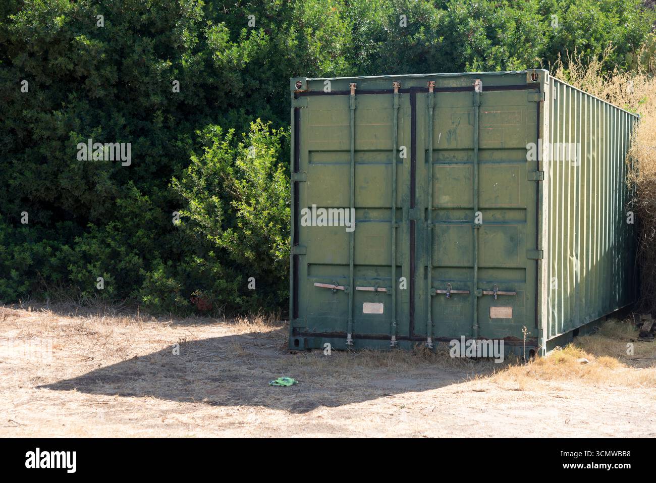 Contenedor marítimo verde metálico cerrado en un entorno de puerto deportivo, rodeado de arbustos y naturaleza, símbolo de almacenamiento y logística. Stock Photo