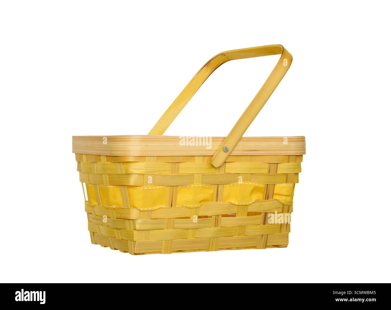 Empty bright yellow basket made from wood splints, isolated on white background, side view. Rustic woven container for storage, decoration, crafts, or Stock Photo