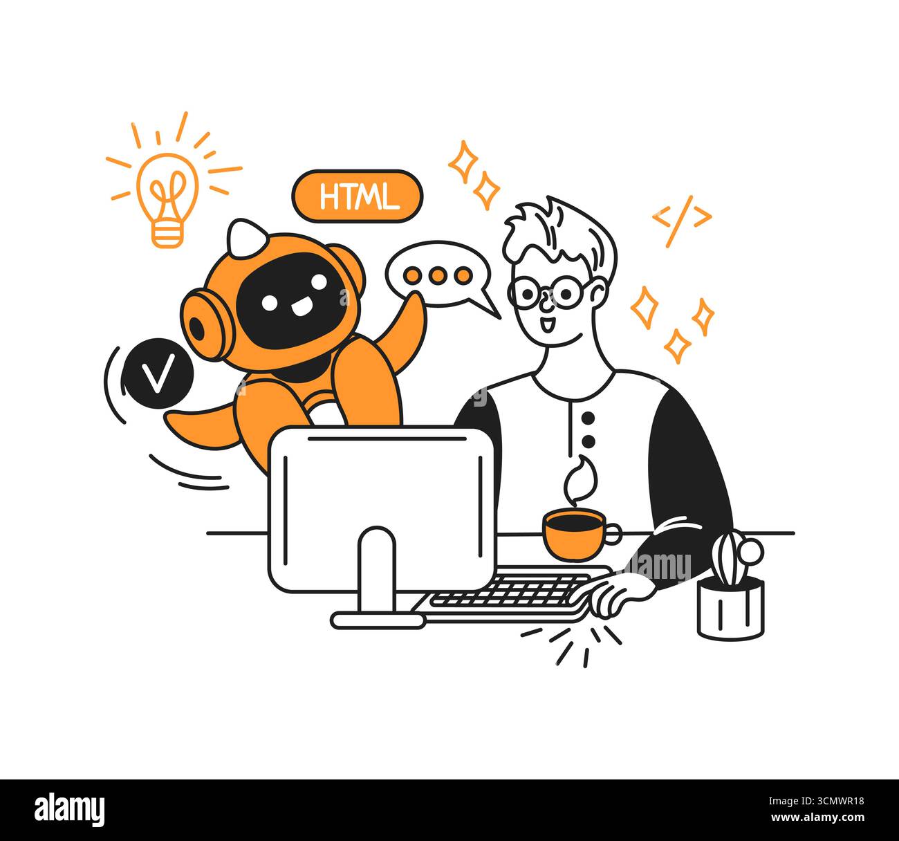 Cartoon robot and developer engaging in creative collaboration. The ...