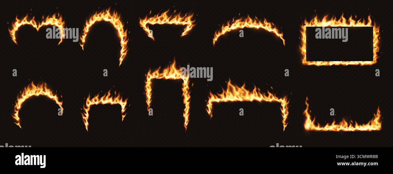 Set of fiery frames depicted in diverse shapes. Bright flames against a ...