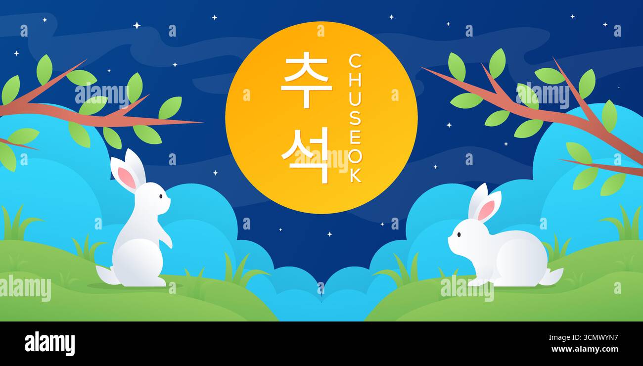 happy chuseok horizontal banner illustration in gradient style Stock Vector