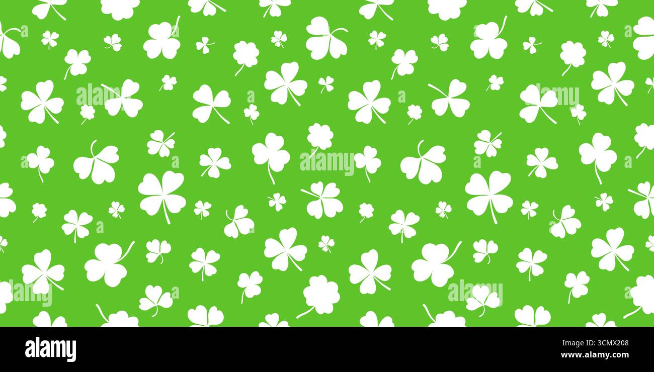 Horizontal green seamless pattern with falling leaves on a white background is a vector illustration of a shamrock or clover leaf. Stock Vector