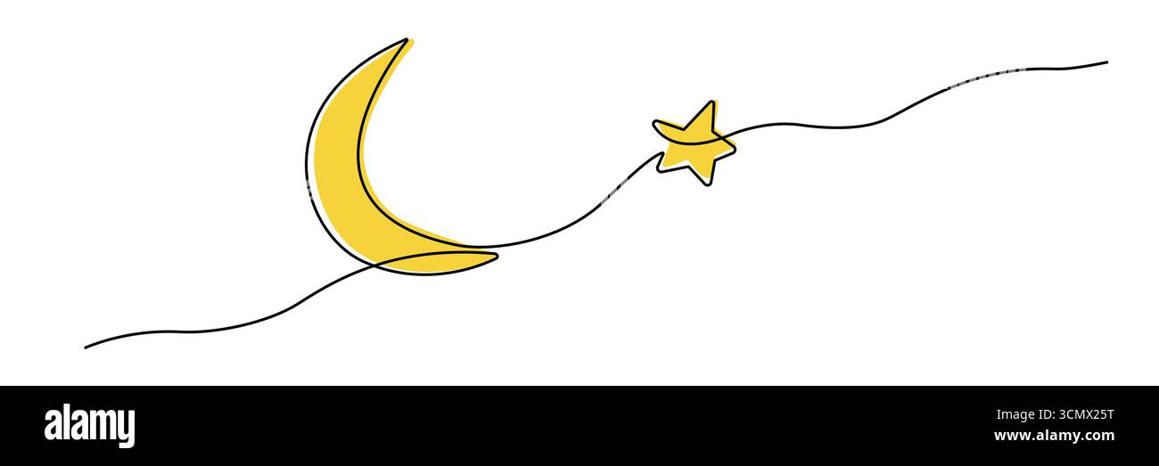Minimalist continuous line crescent moon with star for Eid Ramadan decor Stock Vector