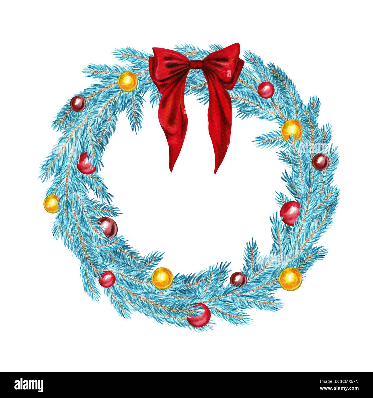 A Christmas wreath of blue spruce branches with baubles and a red bow ...