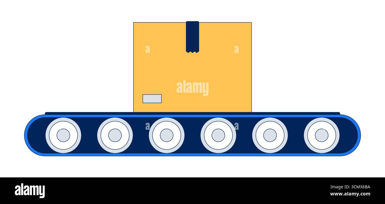 Cardboard box on industrial conveyor belt 2D cartoon object Stock Vector