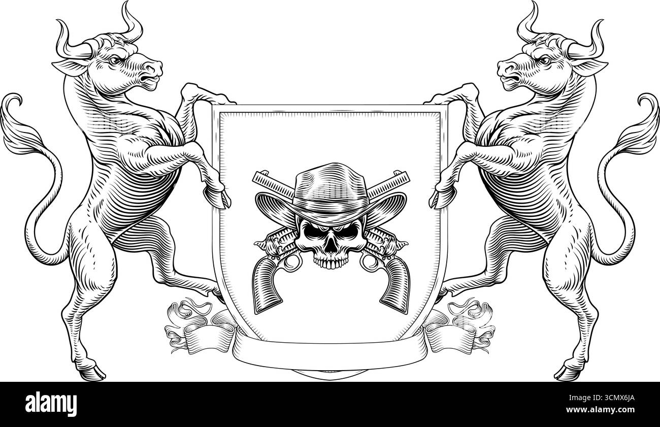 Cowboy Skull Guns Crest Coat of Arms Shield Design Stock Vector