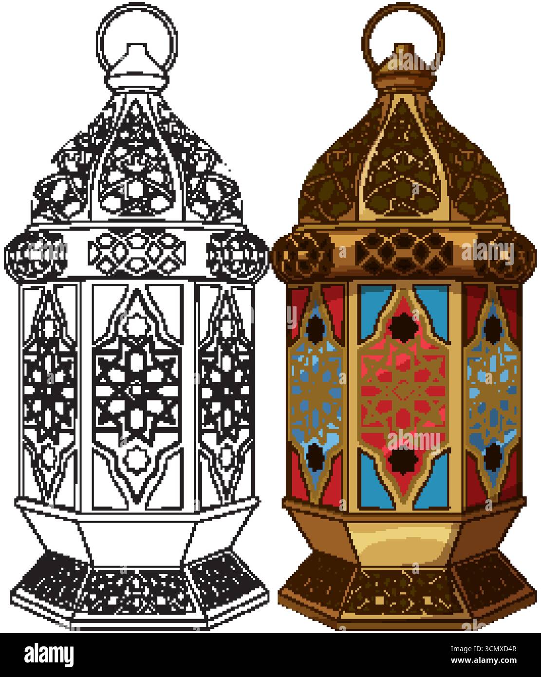 Intricate Middle Eastern lantern in color and outline, geometric patterns, flat vector style Stock Vector