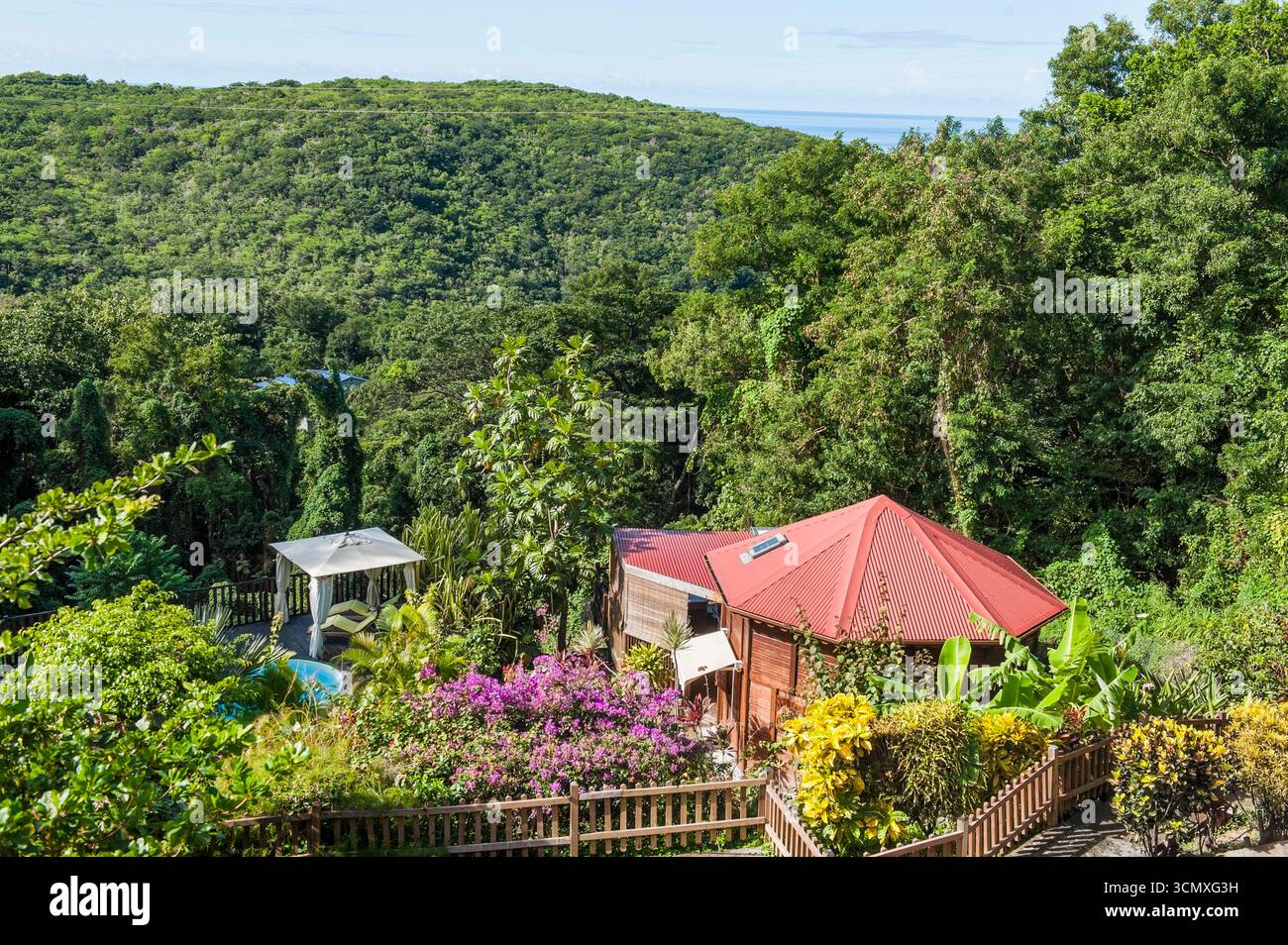 Holiday cottage of 'Domaine du Rocher Noir', Mahault Route de la Traversee, Basse-Terre, Guadeloupe Stock Photo