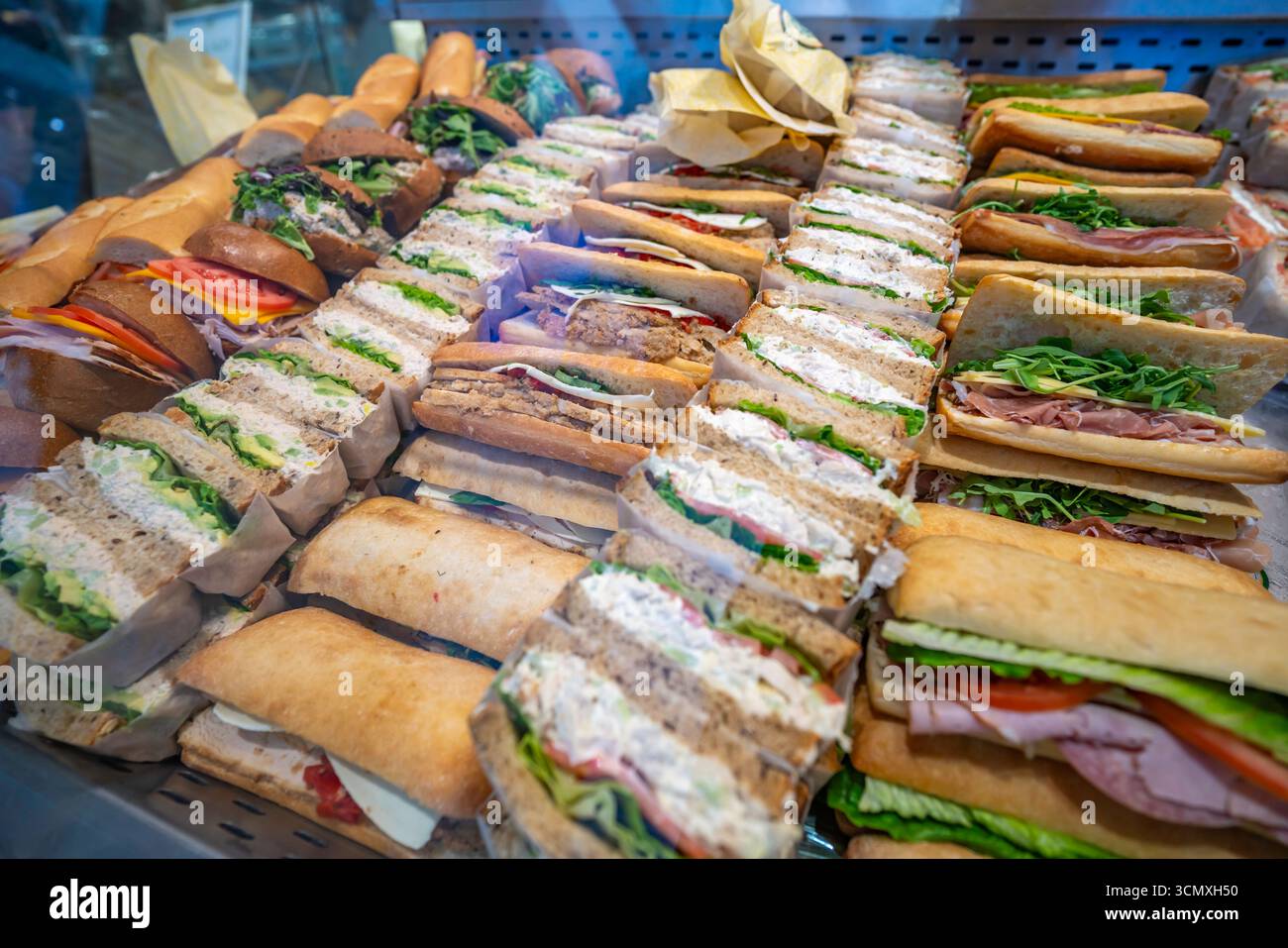 Deli sandwiches in a shop in Lower Manhattan, New York, USA Stock Photo